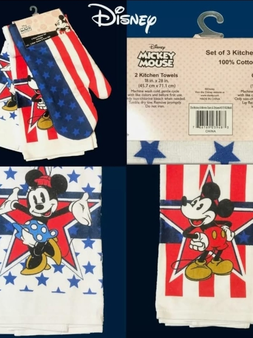 Disney Patriotic Mickey & Minnie Kitchen Towels - Red, White, Blue (Set of 3)